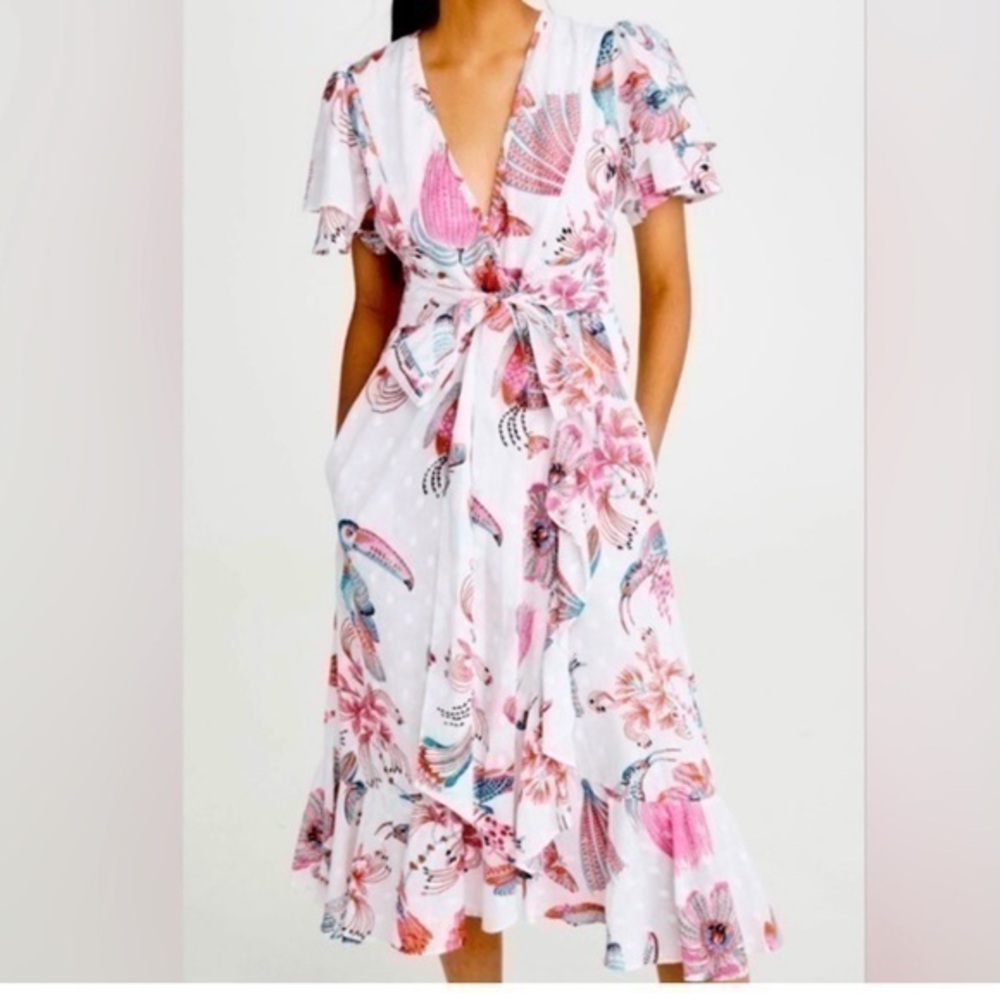 Banjanan Ilona Dress Pink Floral Bird Faux Wrap Ruffle Size Medium